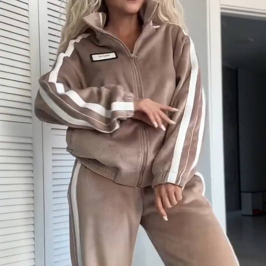 2-teiliges Set aus Jacke und Hose mit elastischem Bund und Farbblock-Design für Damen