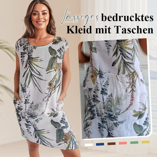 🌷50% RABATT❤️‍🔥Bedrucktes Kleid mit Rundhalsausschnitt aus Baumwolle und Leinen für Frauen