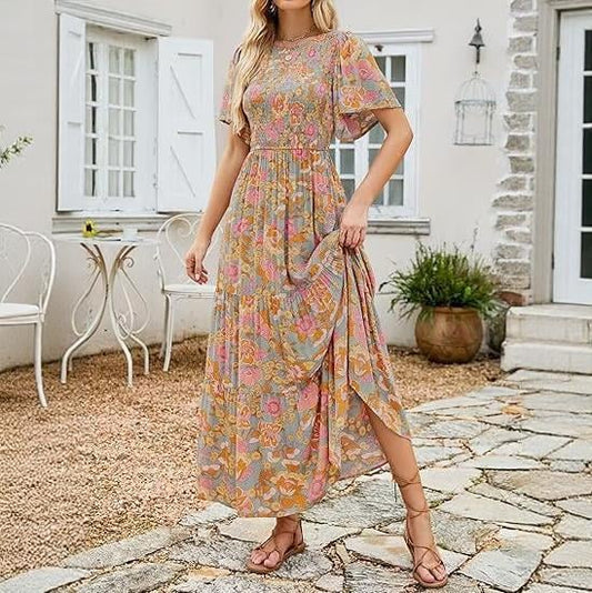⏰Sonderangebot: 49 % Rabatt👗Lässiges Maxikleid für Damen mit Blumenmuster, kurzen Flatterärmeln, Smokarbeit und hoher Taille