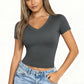 Damen trendiges Slim Fit Oberteil mit V-Ausschnitt und kurzen Ärmeln