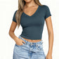 Damen trendiges Slim Fit Oberteil mit V-Ausschnitt und kurzen Ärmeln