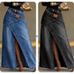 Damen Denim-Maxirock mit mehrlagiger Taille