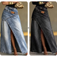 Damen Denim-Maxirock mit mehrlagiger Taille