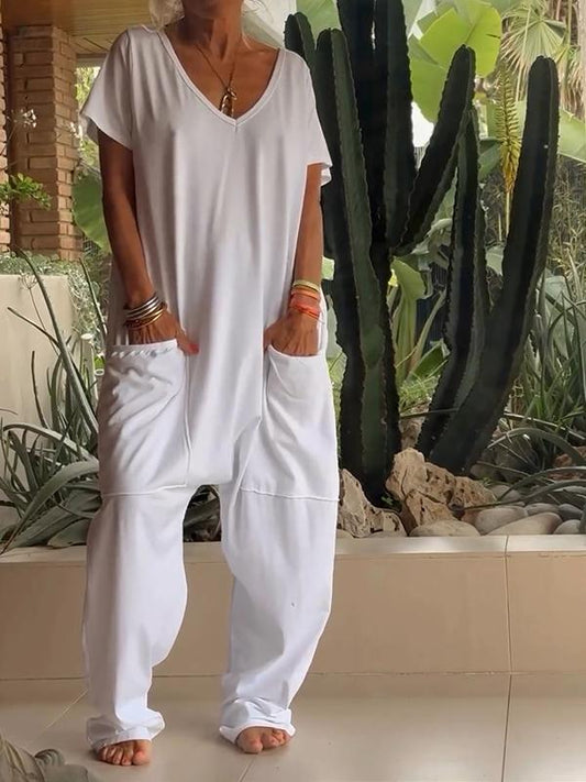 🔥50% RABATT🔥 Lässiger einfarbiger Jumpsuit mit V-Ausschnitt