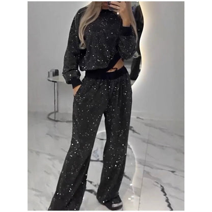 🎅Frühweihnachtsangebot🎄Weihnachts-Top mit Pailletten und Hose mit weitem Bein (zweiteiliges Set)