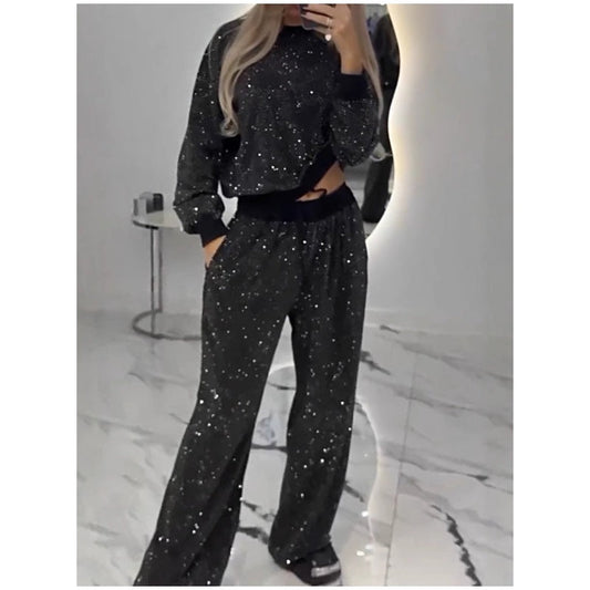 🎅Frühweihnachtsangebot🎄Weihnachts-Top mit Pailletten und Hose mit weitem Bein (zweiteiliges Set)