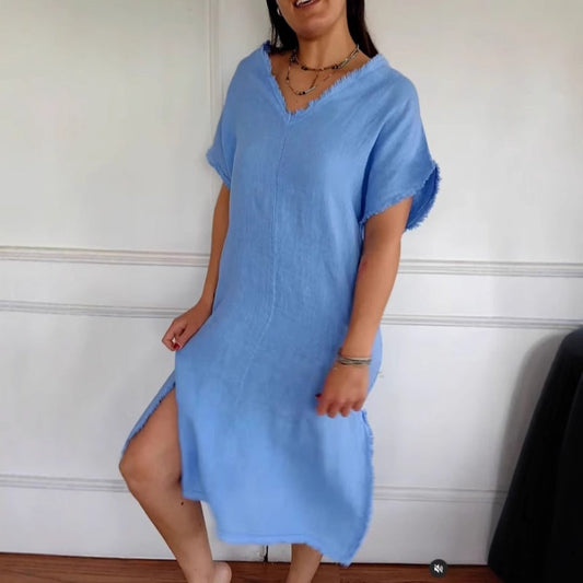 🌿Bequemes Kleid🤩🌷Lässiges Schlitzkleid aus Baumwollleinen mit V-Ausschnitt und ausgefransten Kanten👗🫐