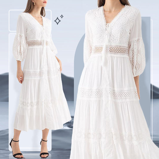 ❤️🎉Bequeme Urlaubskleider👗👉Weißes Boho-Midikleid mit V-Ausschnitt🌿🏖️