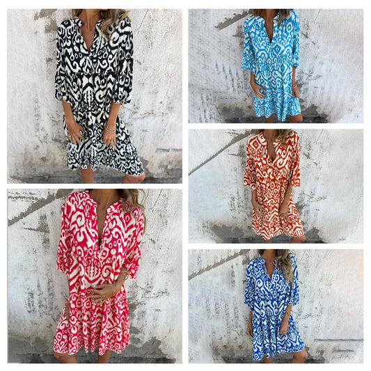 🌸2026 Neues Design🌸V-Ausschnitt gedrucktes Drei-Viertel-Ärmel-Kleid