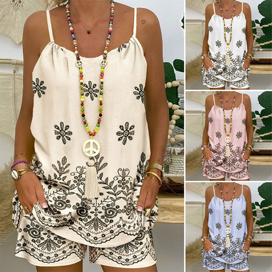 🌟Zeitlich begrenztes Sonderangebot 🌈 Damen-Set bestehend aus einem bedruckten Top mit schmalen Trägern und einer Shorts