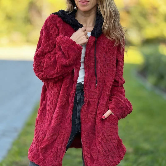 Kuschelig warmer Jacquard-Mantel mit Kapuze und Reißverschluss
