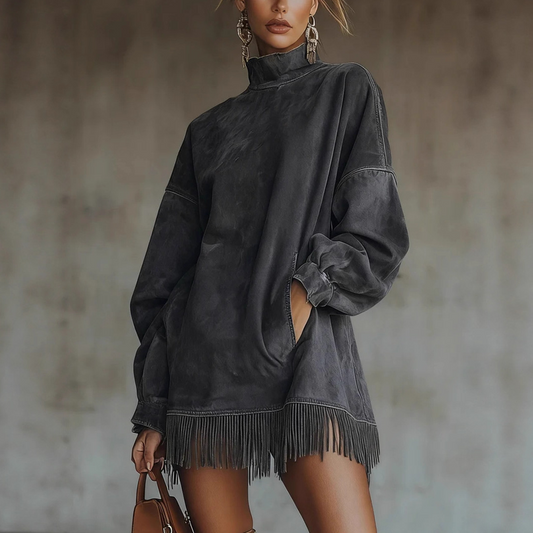 Casual Turtleneck Pocket Dress with Tassel Hem