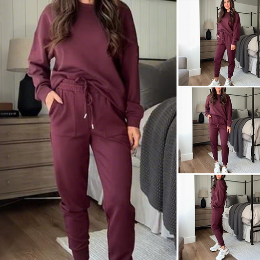 Zweiteiliges Set aus lässigem Damen-Oberteil mit Rundhalsausschnitt und Hose