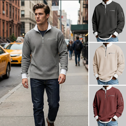 Herren Waffelstrick-Pullover mit Viertelreißverschluss