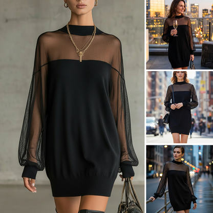 Minikleid aus transparentem Mesh mit Stehkragen