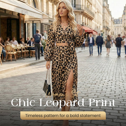 2-teiliges Set aus Damen-Oberteil mit V-Ausschnitt und Rock mit Leopardenmuster