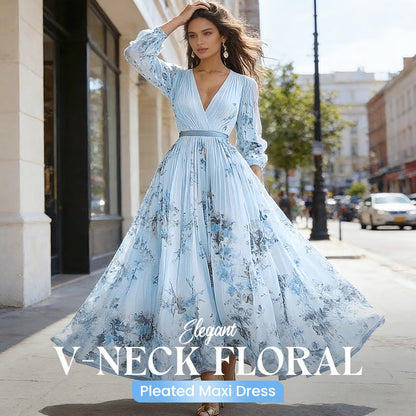🌞Frühlingserwachen: 50% Rabatt!✨ Elegantes Hellblau Floral Maxikleid – V-Ausschnitt, Plissee & Hohe Taille für Fest & Urlaub