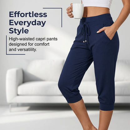 Damen 3/4 Jogginghose – Strickstoff, Hoher Bund mit Kordelzug, Mit Taschen