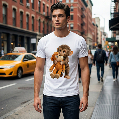 Unisex-T-Shirt mit Grafikdruck „Affe beim Kuscheln