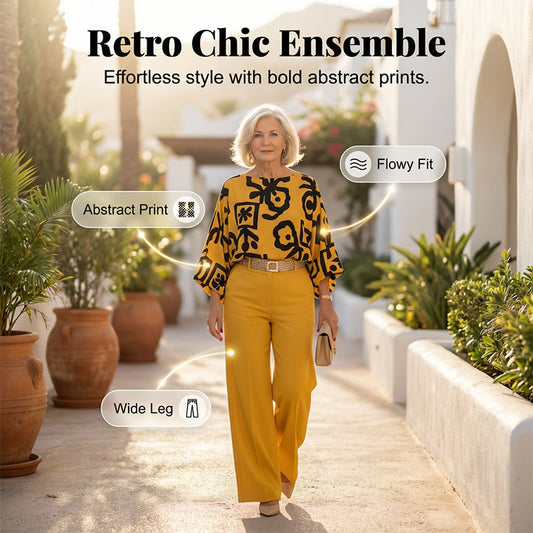 Set aus Retro-Oberteil mit Grafikprint und Hose mit weitem Bein für Damen
