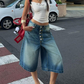 Damen-Jeans-Culotte mit mehreren Knöpfen und weitem Bein