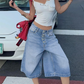 Damen-Jeans-Culotte mit mehreren Knöpfen und weitem Bein