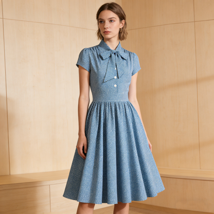 Swing-Kleid für Damen mit Polka-Dots und Schleife am Hals