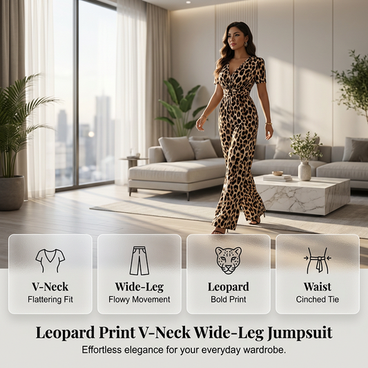 Jumpsuit mit V-Ausschnitt, Leopardenmuster und weitem Bein