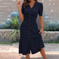 🔥LETZTER TAG – 50 % RABATT🌞💃Damen-Midi-Kleid mit Knopfleiste, V-Ausschnitt und kurzen Ärmeln