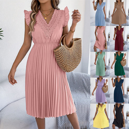 🎁 2026 Neuheit – 50 % Rabatt! 👗🌸 Spitzenkleid mit V-Ausschnitt, Rüschen und tailliertem Schnitt ✨