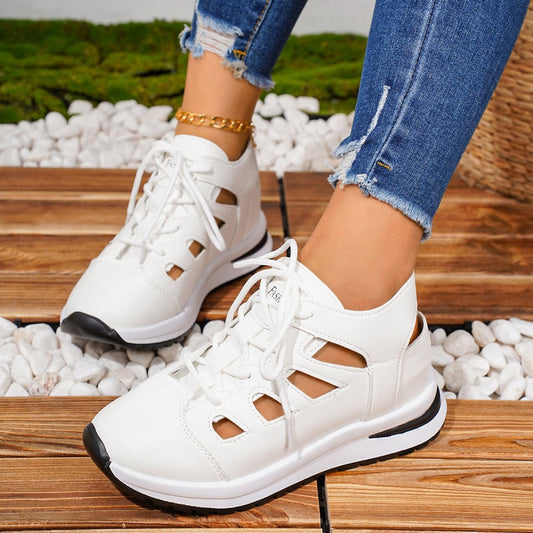Breathable Cutout Lace-Up Platform Sneakers