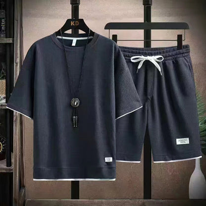 ✨🔥Herren 2-teiliges Set aus Waffelstoff: Kurzarm-T-Shirt & Shorts