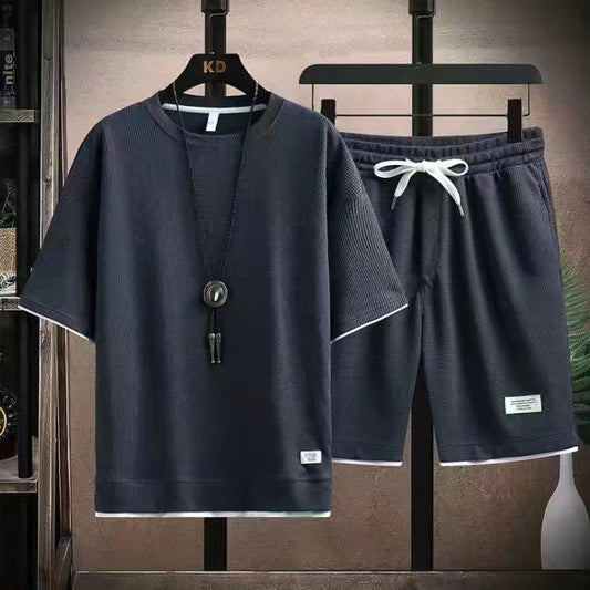✨🔥Herren 2-teiliges Set aus Waffelstoff: Kurzarm-T-Shirt & Shorts