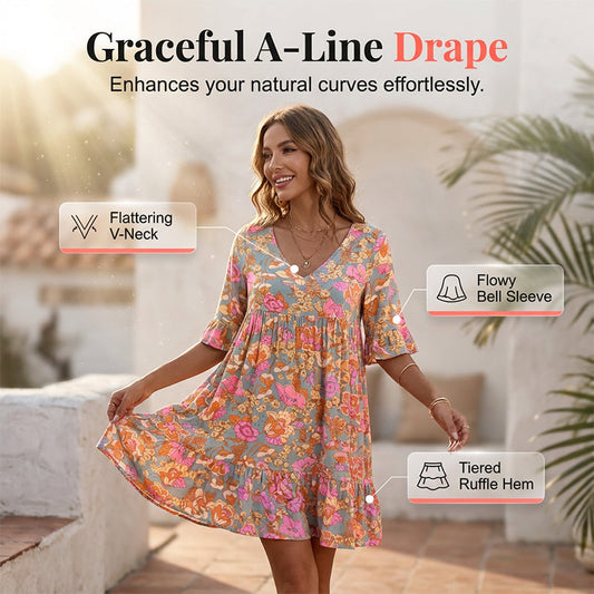 ⌛Zeitlich begrenztes Angebot-Lässiges Damenkleid mit V-Ausschnitt und Blumenmuster