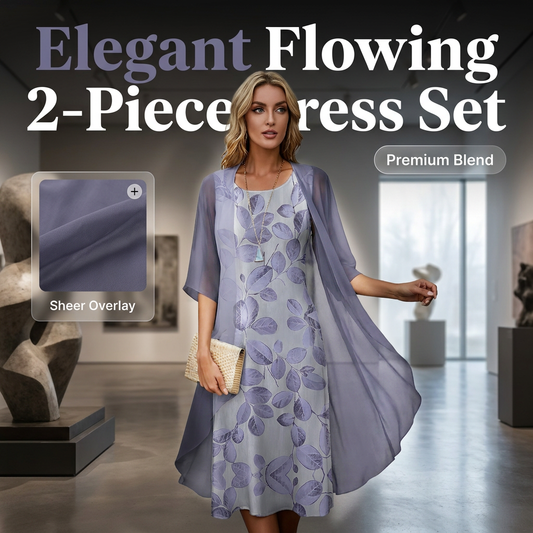 2-teiliges Set aus bedrucktem Damenkleid und Strickjacke