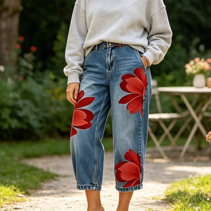 📢📢50% RABATT!! ⏰ Damen Weite Jeans mit Künstlerischer Blumenapplikation