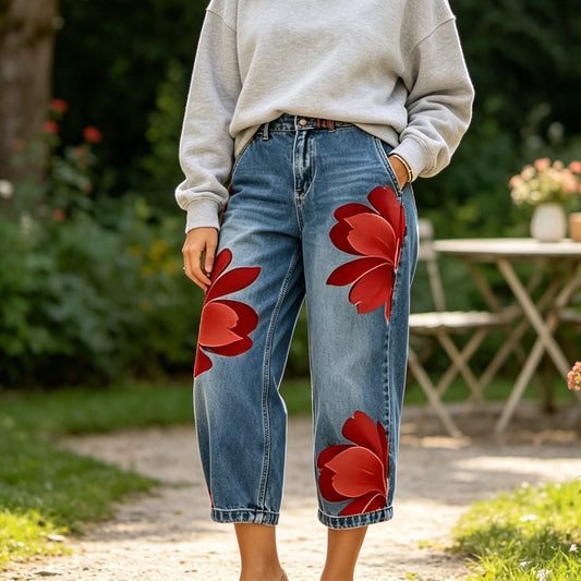 📢📢50% RABATT!! ⏰ Damen Weite Jeans mit Künstlerischer Blumenapplikation