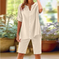 Damen Leinen V-Ausschnitt Hemd & Shorts Set