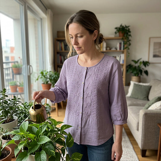 Bestickte Bluse aus Baumwoll-Leinen für Damen