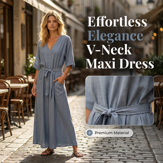 Einfarbiges Maxikleid mit V-Ausschnitt und Taschen