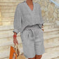 Damen lässiges V-Ausschnitt-Oberteil und Shorts Set