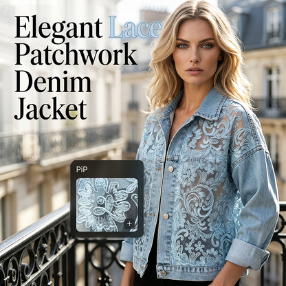 Locker sitzende Damenjeansjacke mit Blumenmuster und Spitzen-Patchwork
