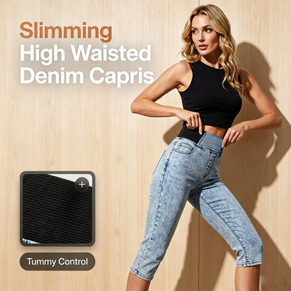 👖Damen hochtaillierte Denim-Caprihosen mit elastischem Bund – verkürzte Jeans