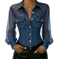 Damen Mesh-Patchwork-Denim-Oberteil