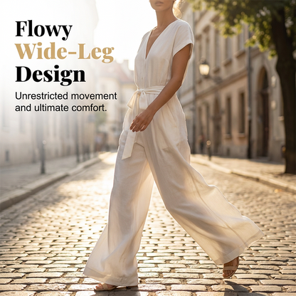Damen V-Ausschnitt Weitbein-Jumpsuit mit Taillenschleife