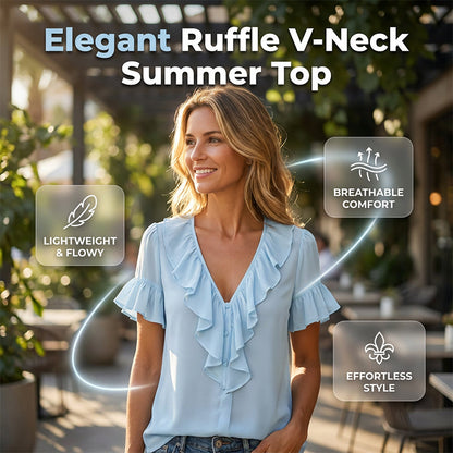 🏷️ Räumung -50%! Elegante Damenbluse mit Rüschen, V-Ausschnitt und kurzen Ärmeln – lässiges Sommer-T-Shirt