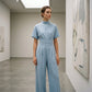 Kurzärmeliger Jumpsuit für Damen mit Stehkragen und weitem Bein