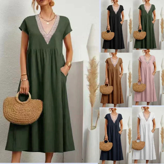 Elegantes Damenkleid mit V-Ausschnitt, kurzen Ärmeln und lockerer Passform