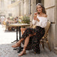 Damen-Midirock mit Blumenmuster, hoher Taille, Rüschen und Schlitz für den Sommerurlaub