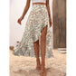 Damen-Midirock mit Blumenmuster, hoher Taille, Rüschen und Schlitz für den Sommerurlaub